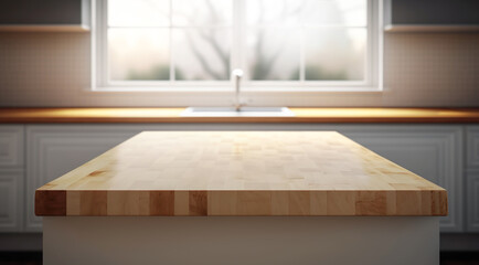 Fototapeta premium Selective focus.Wood table top counter island and blur kitchen room background.ai generated images