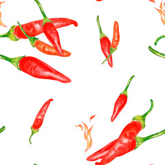 Tabasco hot pepper and flame watercolor seamless pattern isolated on white. Spicy red pepper hand drawn. Design element for wrapping, menu, market, ingredient of dishes, textile, kitchen, paper