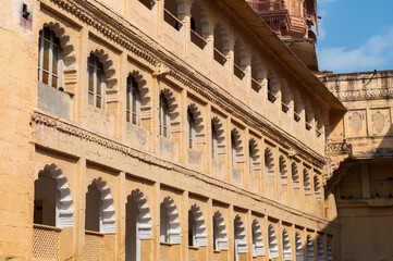 Fototapeta premium View of series of windows at famous Mehrangarh fort, Jodhpur, Rajasthan, India. Mehrangarh Fort is UNESCO world heritage site popular amongst tourists worldwide. Beautiful architecture of Rajput era.