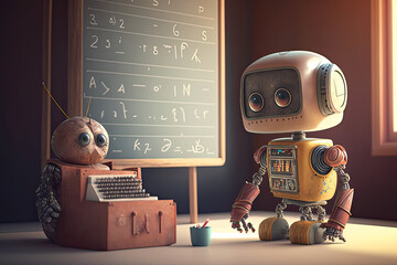 Robot professor, lecturer, helper, tutor to teach in a classroom, doing science experiments, helping students, teaching music, and tutoring students, kids and adults - obrazy, fototapety, plakaty
