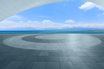 Empty square floor with lake background