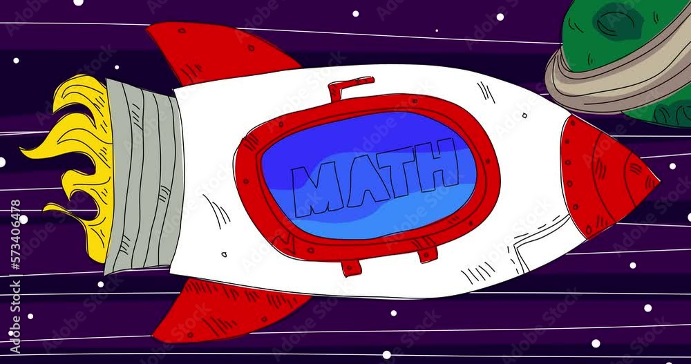 Poster rocket in space with math text on the window. line art cartoon animation.