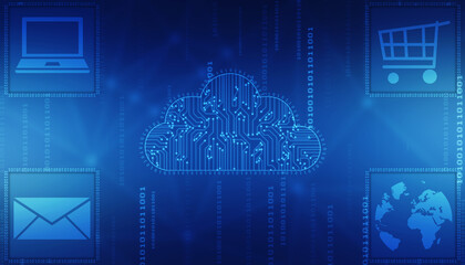 2d illustration of Cloud computing, Digital Cloud computing Concept background. Cyber technology, internet data storage, database and data server concept