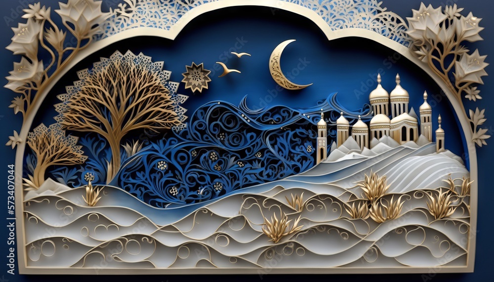 Poster 3d generative ai of ramadan kareem background with mosque, crescent, moon and clouds.