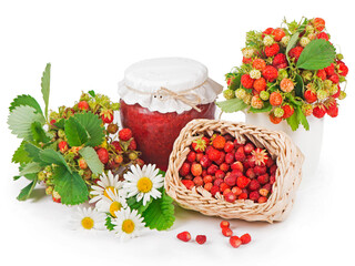 strawberry branches, jam on a wooden board
