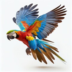 Fototapeta premium Flying macaw isolated on white background. Generative AI illustration.