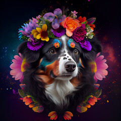 A small Australian shepherd dog, with a crown of flowers, beautiful vibrant atmosphere, color grading, beautiful coded by color. Generative AI