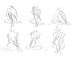 Hand-drawn abstract females figure sitting pose continues line art vector illustration