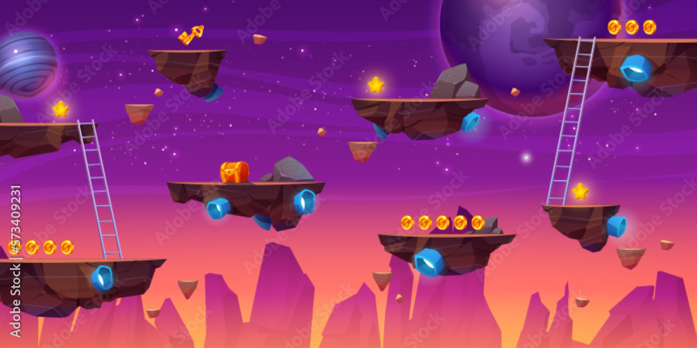 Poster flying rock islands vector game space background landscape. cartoon planet in galaxy for arcade vide