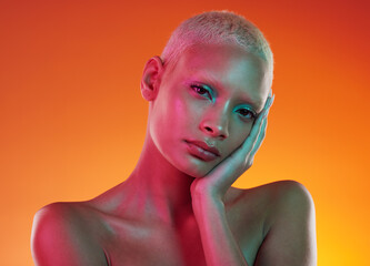 Art, neon beauty and portrait of woman with makeup and light in creative advertising on orange background. Cyberpunk, unique face and model isolated for skincare and futuristic mockup in studio