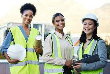 Engineering, team and portrait of a construction workers on a site outdoor in the city in collaboration. Teamwork, colleagues and group of female industrial employees planning a building project.