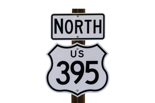 US Route 395 highway sign isolated with cut out background.