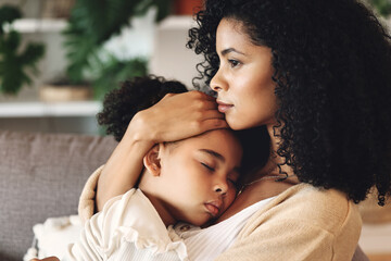 Family, mom with sleeping kid and love, peace and calm with relationship, care and relax at home. Content, black woman and tired girl with bond, comfort and hug with safe place, dream and sleep - obrazy, fototapety, plakaty