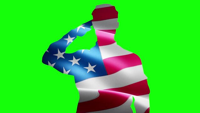 Shoulder silhouette of saluting army soldier USA or America flag seamless looping animation green screen