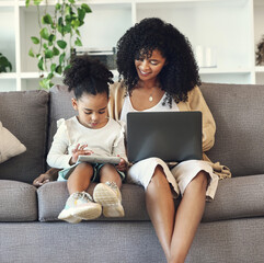 Fototapeta na wymiar Laptop, tablet and black family online for learning, remote work or education in home living room. Woman or mother and girl child together on couch with internet for games or to watch movie and relax