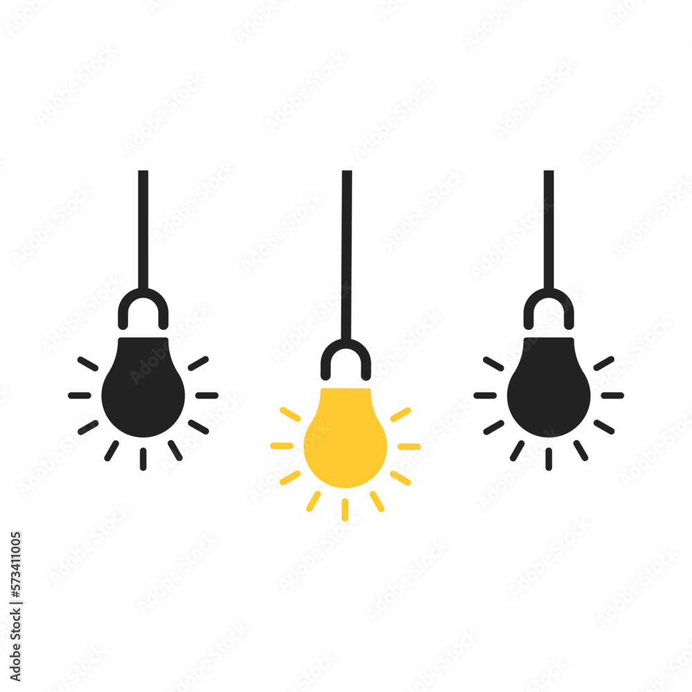 Poster three hanging light bulb like insight thinking. flat minimal simple trend logo design element isolat