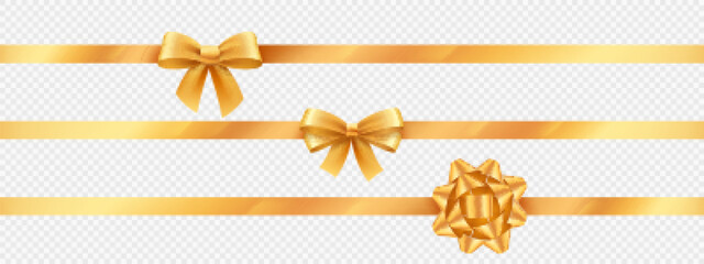 Obraz na płótnie Canvas Gold ribbon knot set for holiday present. Yellow birthday package gift bow. Realistic 3d vector tape texture set. Border for anniversary greeting surprise. Valentine beautiful glossy tinsel.