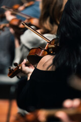 A musician playing the viola or violin in a string section of a symphony orchestra