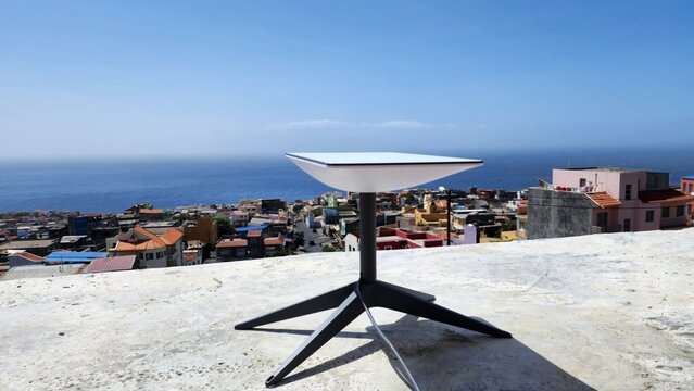 Starling Satellite internet antenna pointing to the sky in Fogo, Cabo Verde.