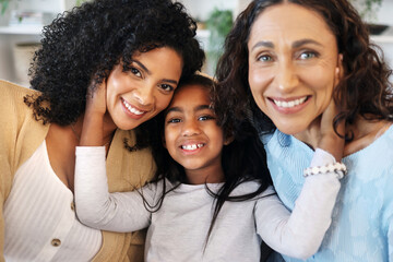 Selfie, portrait and happy with generations of family for social media, bonding and support. Girl, relax and smile with group of women in living room at home for trust, affectionate and picture