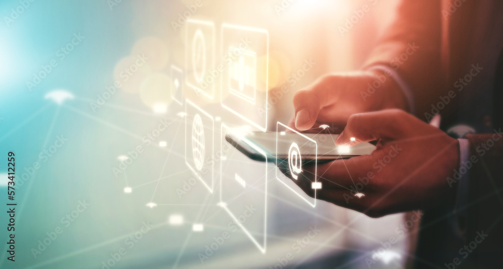 Aufkleber hologram, communication and hands of businessman with a phone for notification icon, internet and se
