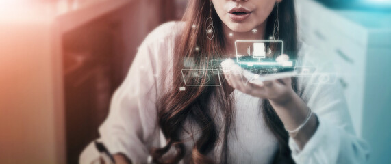 Business, phone or voice microphone abstract in home office memo, networking idea or futuristic...