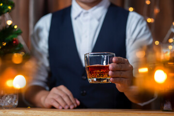 Bartender Serve Whiskey, on wood bar, 