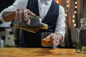 Bartender Serve Whiskey, on wood bar, 