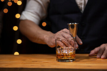 Bartender Serve Whiskey, on wood bar, 