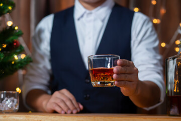 Bartender Serve Whiskey, on wood bar, 