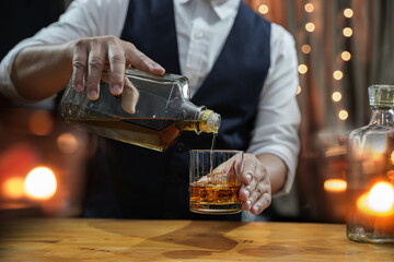 Bartender Serve Whiskey, on wood bar, 