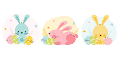 Set of Easter Bunny and eggs illustrations