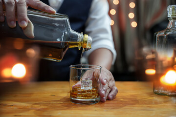 Bartender Serve Whiskey, on wood bar, 