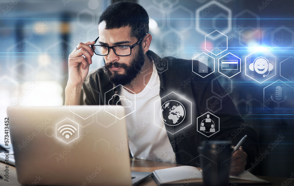 Leinwandbilder Business man, futuristic and icons with laptop and digital transformation, information technology and global network. Hologram, 3D and digital overlay with wifi, software and app with cloud computing