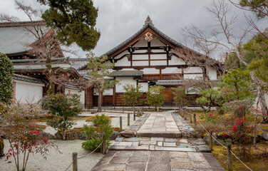 Traditional buddhist temple building exterior architecture and garden of the Tenryu-ji Buddhist temple in Kyoto Japan