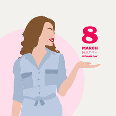 Diseño personaje de mujer para el día de la mujer con la fecha sostenida en la mano y fondo rosa