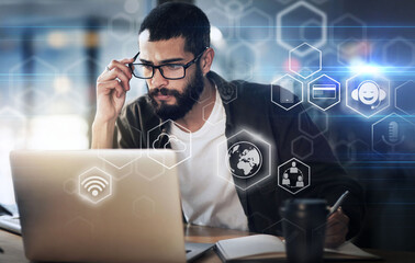 Business man, futuristic and icons with laptop and digital transformation, information technology and global network. Hologram, 3D and digital overlay with wifi, software and app with cloud computing