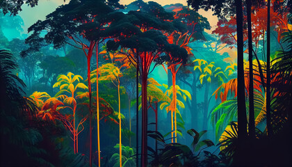 Illustration of scenic Tropical landscape in Rainforest, AI-Generated image.	