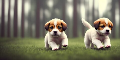 puppys playing fluffy fur, forest background, stormy day cinematic color's 