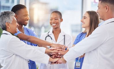 Healthcare, happy teamwork and hands of doctors for mission of medicine success. Motivation,...