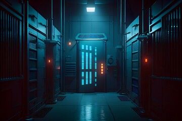 futuristic jail with futuristic security features, such as advanced cameras, sensors, and doors (AI Generated)