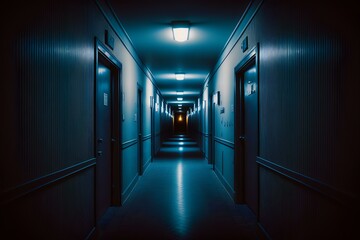 dark hallway, the atmosphere is dim and shadowy, casting a deep blue hue across the scene and creating an eerie, unsettling feeling (AI Generated)