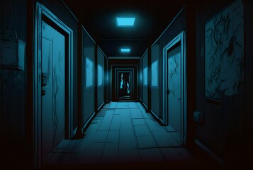 dark hallway, the atmosphere is dim and shadowy, casting a deep blue hue across the scene and creating an eerie, unsettling feeling, ANIME (AI Generated)