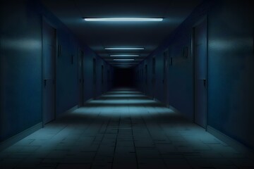 dark hallway, the atmosphere is dim and shadowy, casting a deep blue hue across the scene and creating an eerie, unsettling feeling (AI Generated)
