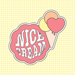 Nice cream wordplay typography and vector ice cream cone clipart set. Summer dessert 70s retro style image in beautiful pink and yellow colors. 