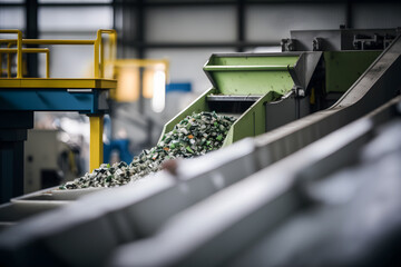 Industry Plant for sorting and processing plastic and paper waste. Conveyor assembly line with garbage bottles and packaging. Generation AI