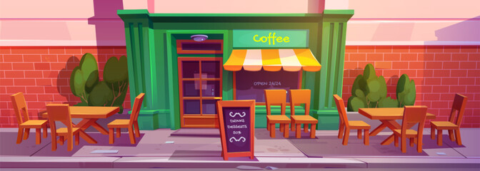 Fototapeta Coffee shop, cafe or restaurant exterior on city street. Building facade with cafeteria storefront with door, awning and window, signboard, tables and chairs outdoor, vector cartoon illustration obraz