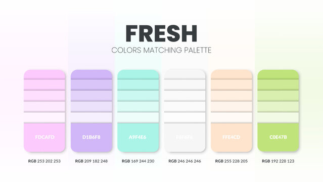 Color palette in Fresh colour theme collections. Color inspiration or colour chart with codes template. Color combination set of RGB. Colors swatch for graphic design, art, fashion, or web design.