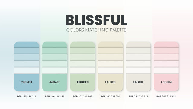 Color palette in Blissful colour theme collections. Color inspiration or colour chart with codes template. Color combination set of RGB. Colors swatch for graphic design, art, fashion, or web design.