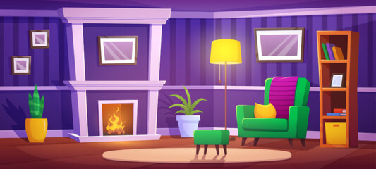 Living room with burning fireplace. Vector cartoon illustration of retro style home interior with armchair, floor lamp, books on shelf in bookcase, blank picture frames on purple walls, potted plants